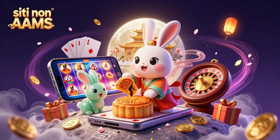 Giocando nei siti non AAMS, il coniglio lunare estrae poker chips da dolci d'oro con uno sfondo di giochi da casinò.