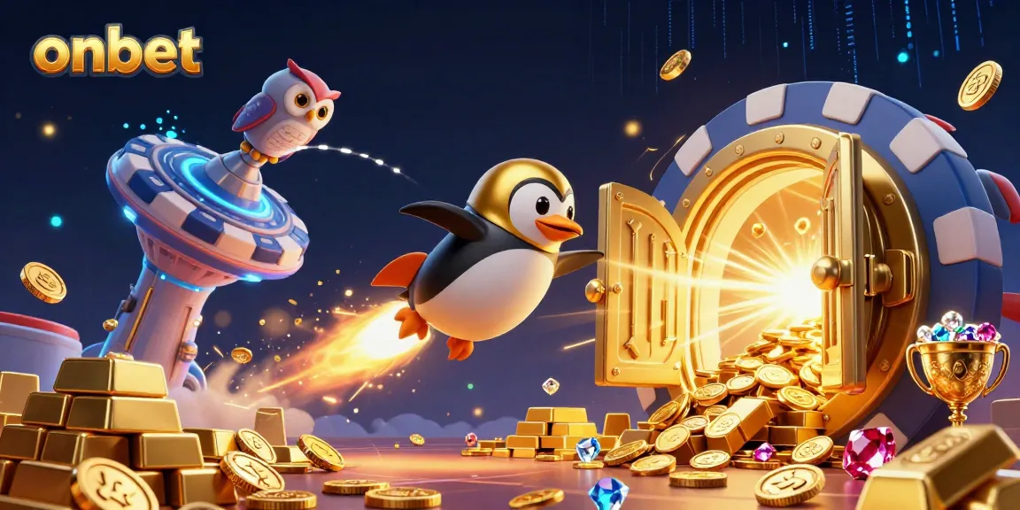 Try your luck at onbet with the golden penguin racing to the casino space station.
