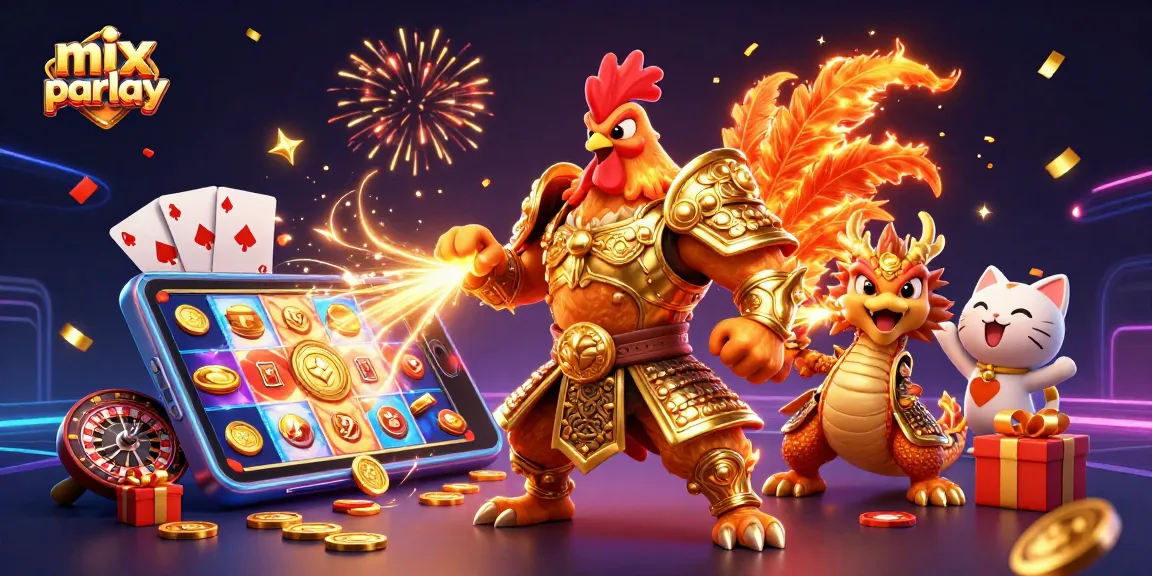 Mix parlay dalam ilustrasi 3D, menampilkan karakter kasino dan elemen taruhan yang interaktif.