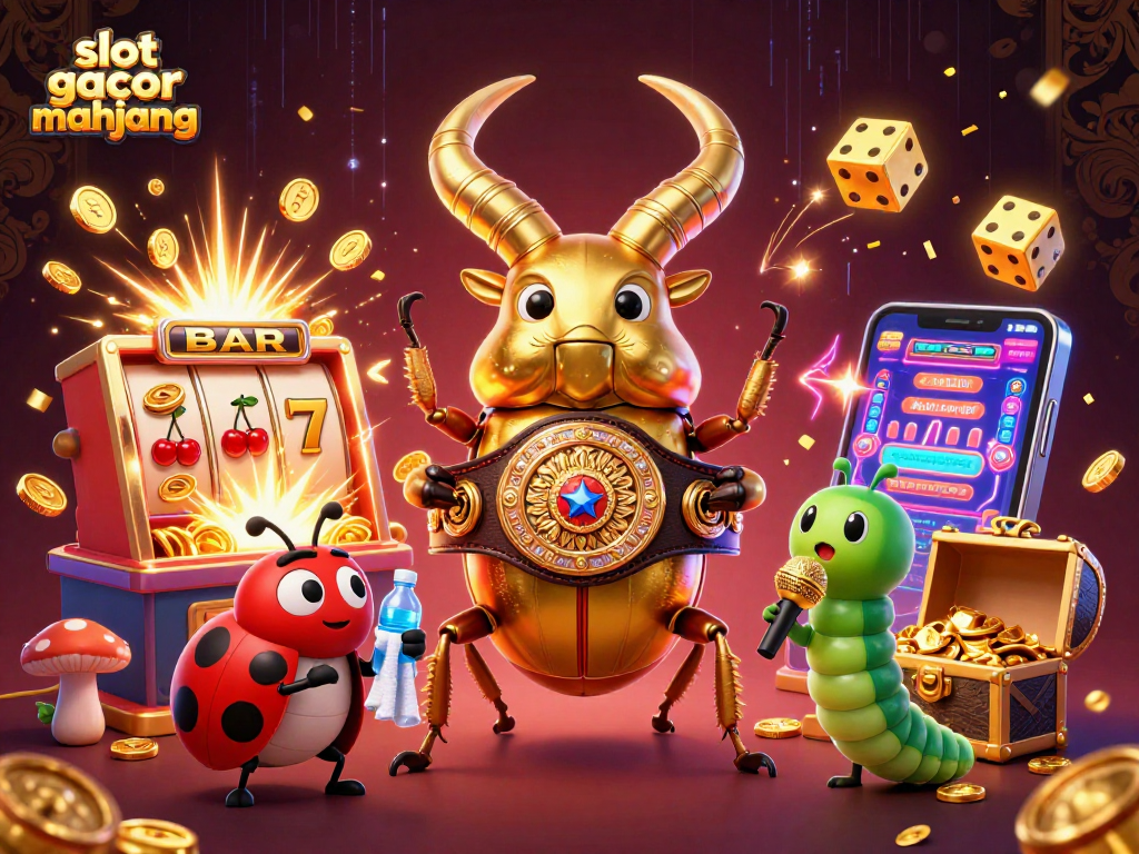 Experience slot gacor mahjong with a dynamic 3D illustration of a golden beetle and lively casino elements.