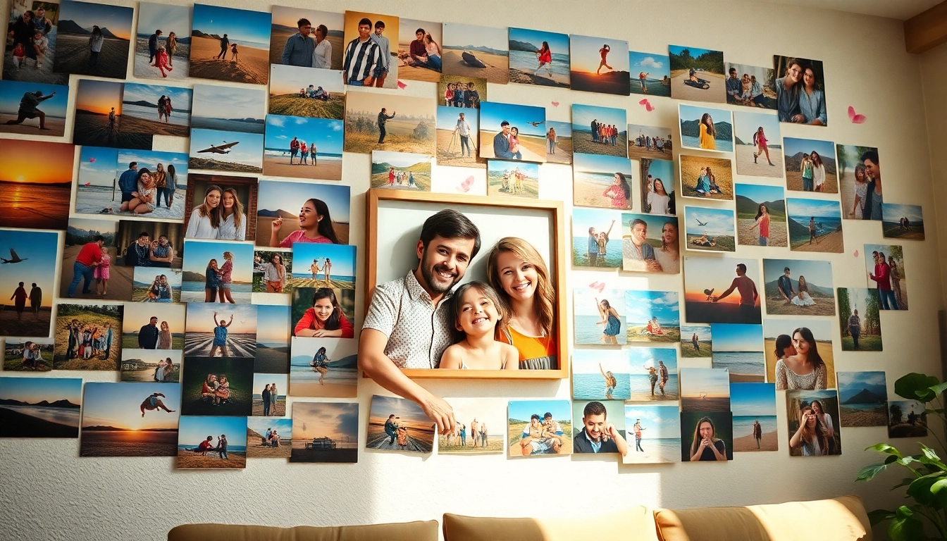 Celebrate memories with a vibrant photo wall showcasing personal moments and adventures.