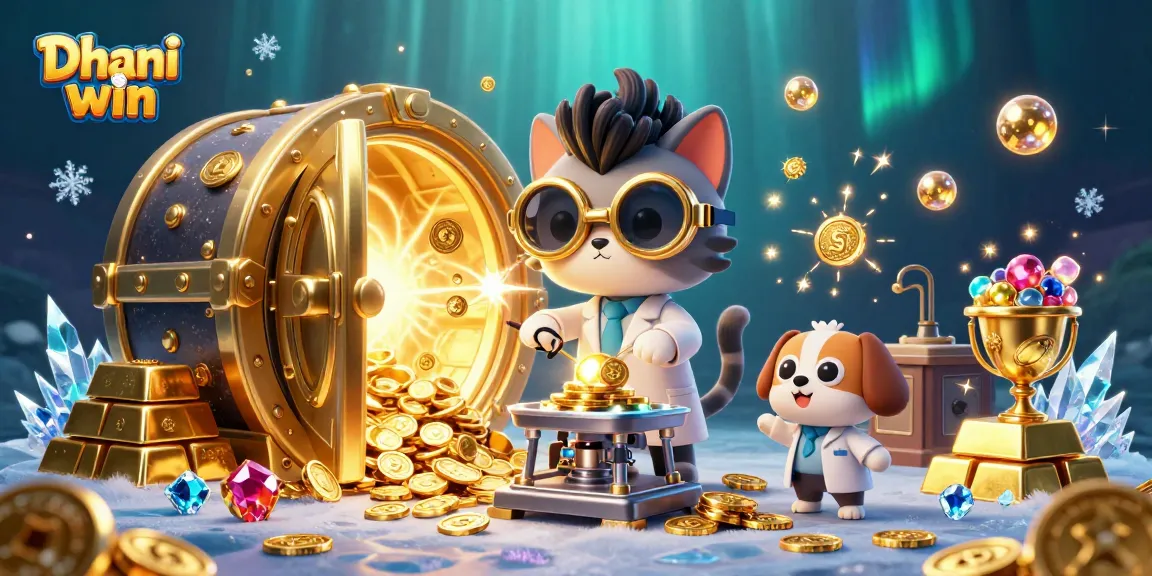 Dhani win features a mad scientist cat and dog creating gold coins, surrounded by treasures.