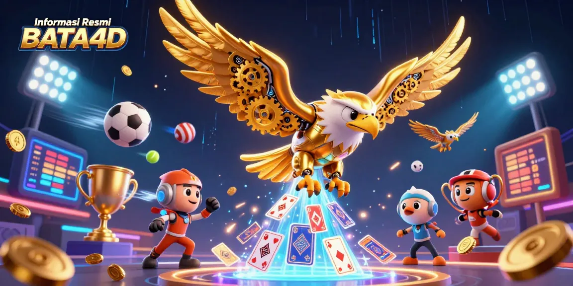 Engage in dynamic gameplay with Informasi Resmi BATA4D, featuring a cybernetic eagle amidst vibrant casino elements.