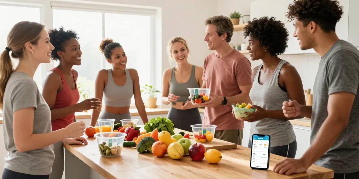 Group enjoying healthy meal prep using the best weight loss app for calorie tracking.